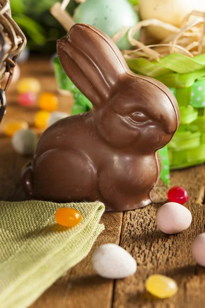 Chocolate Easter Bunny in a Basket — Stock Photo, Image