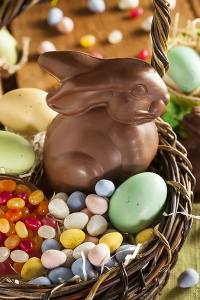 Chocolate Easter Bunny in a Basket — Stock Photo, Image