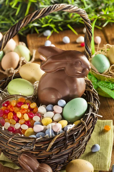 Chocolate Easter Bunny in a Basket — Stock Photo, Image