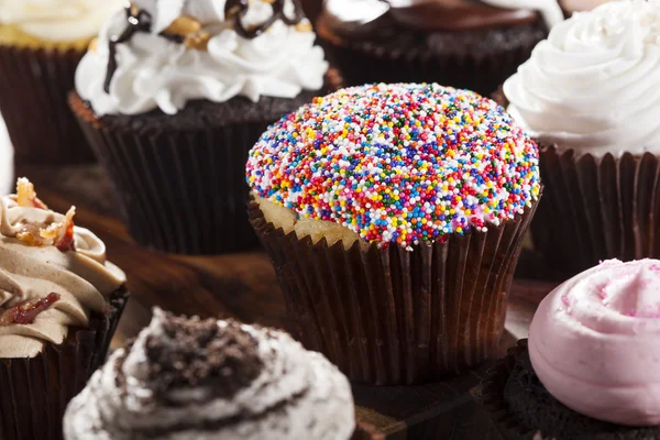 Assorted Fancy Gourmet Cupcakes with Frosting — Stock Photo, Image