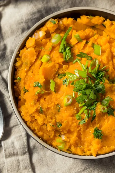 Homemade Thanksgiving Mashed Sweet Potatoes Green Onion — Stock Photo, Image