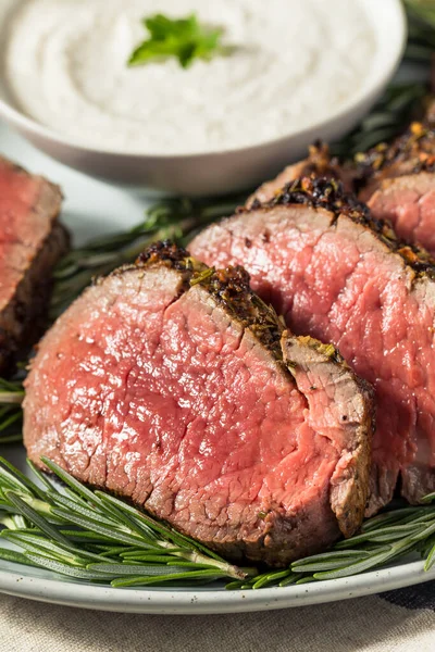 Homemade Grassfed Roast Beef Tenderloin Horseradish Potato — Stock Photo, Image