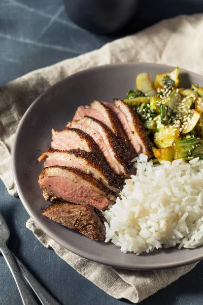 Homemade Chinese Five Spice Duck Breast with Rice and Bok Choy