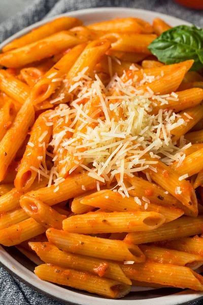 Homemade Penne Pasta Marinara Sauce Cheese Basil — Stock Photo, Image