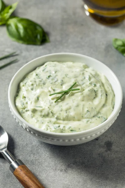 Hausgemachte Bohnenkraut Mayonnaise Mit Basilikum Und Schnittlauch — Stockfoto