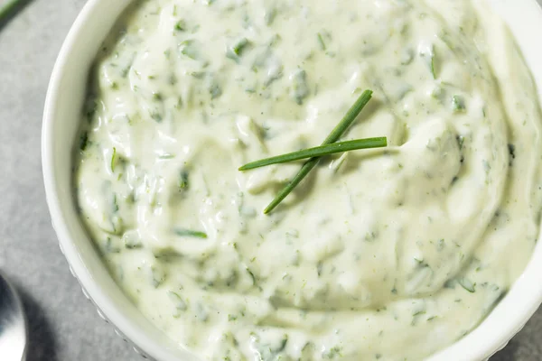 Hausgemachte Bohnenkraut Mayonnaise Mit Basilikum Und Schnittlauch — Stockfoto