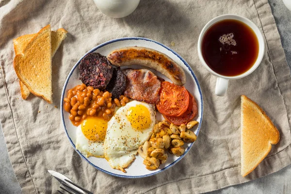 Casero Desayuno Inglés Completo Con Huevos Jamón Salchicha Frijoles — Foto de Stock