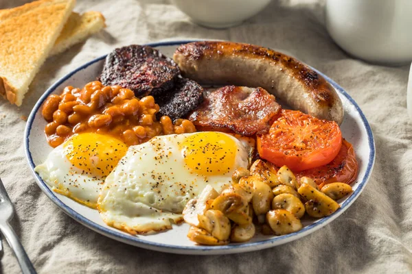 Casero Desayuno Inglés Completo Con Huevos Jamón Salchicha Frijoles — Foto de Stock