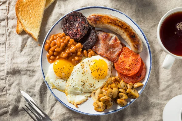 Casero Desayuno Inglés Completo Con Huevos Jamón Salchicha Frijoles — Foto de Stock