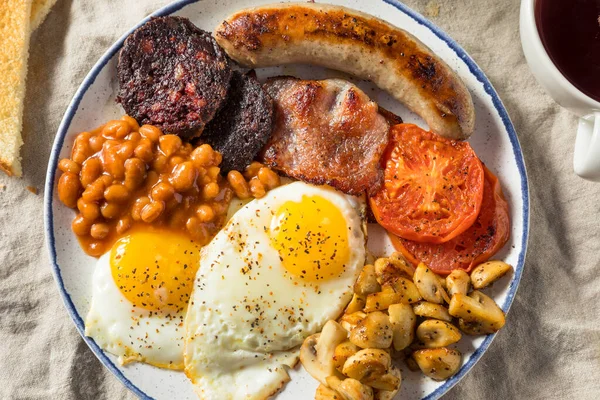 Casero Desayuno Inglés Completo Con Huevos Jamón Salchicha Frijoles — Foto de Stock