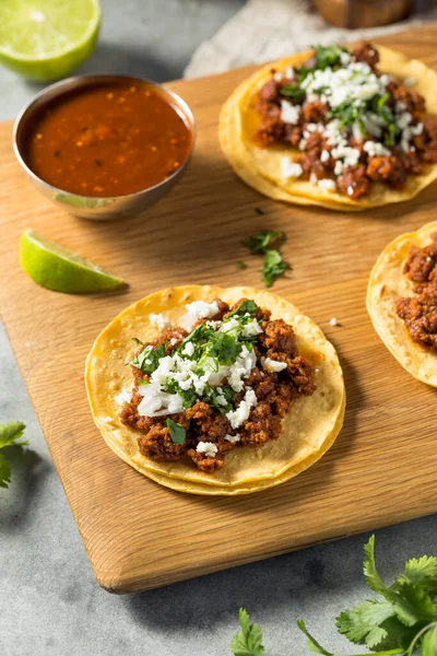 Tacos Chorizo Mexicano Caseros Con Cebolla Cilantro —  Fotos de Stock