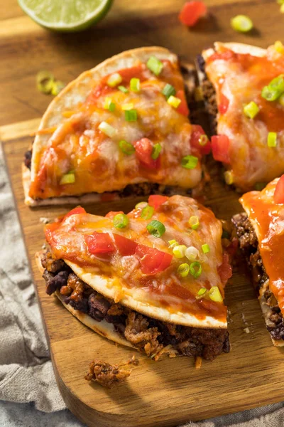 Homemade Mexican Pizza Quesadilla Beef Beans Enchilada Sauce — 스톡 사진
