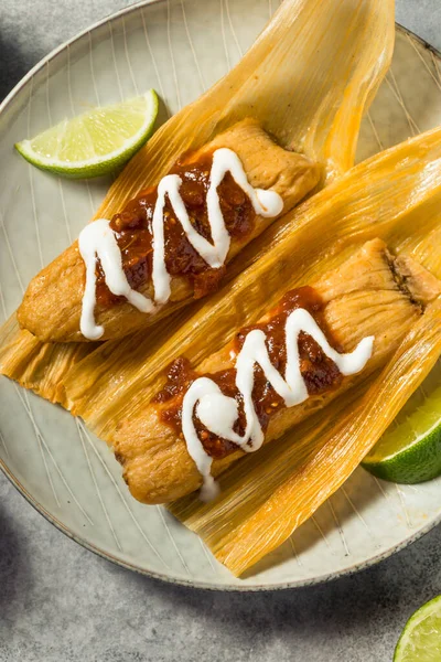 Σπιτικό Μοσχάρι Cornmeal Tamales Salsa Και Crema — Φωτογραφία Αρχείου