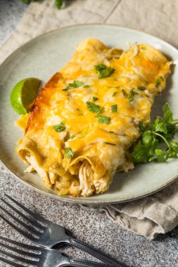 Ev yapımı Meksika domatesli yeşil enchilada. Tavuk ve Cilantro ile birlikte.