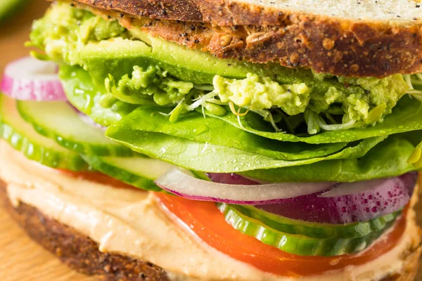 Homemade Mediterranean Veggie Hummus Sandwich Tomato Cucumber — Stock Photo, Image