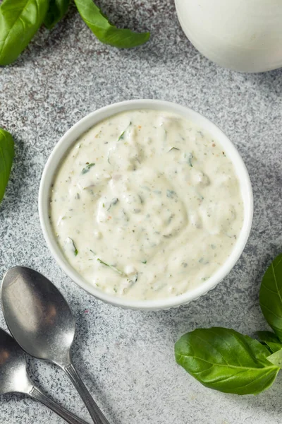 Hausgemachtes Salatdressing Der Grünen Göttin Mit Basilikum Knoblauch Und Kräutern — Stockfoto