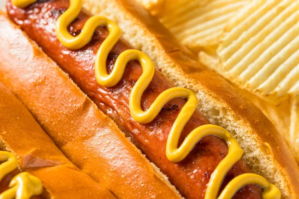 Hot Dog Américain Fait Maison Avec Moutarde Chips Pommes Terre — Photo