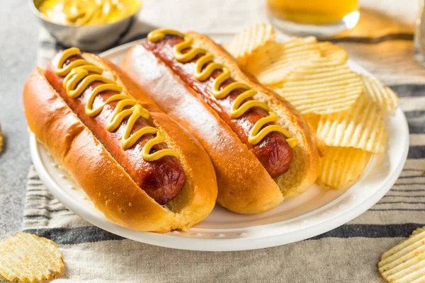 Házi Készítésű Amerikai Hot Dog Mustárral Burgonyaszirmokkal — Stock Fotó