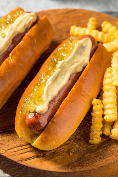 Hot Dogs Gastronomiques Maison Moutarde Aux Frites — Photo