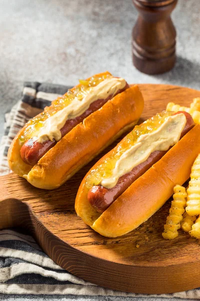 Hot Dogs Gastronomiques Maison Moutarde Aux Frites — Photo