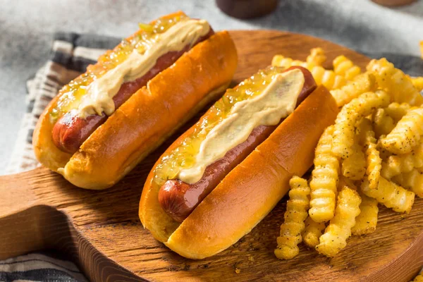 Homemade Gourmet Hot Dogs Mustard French Fries — Zdjęcie stockowe