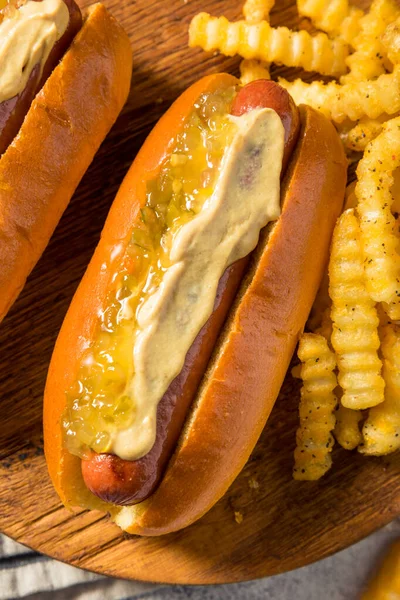 Homemade Gourmet Hot Dogs Mustard French Fries — Foto Stock