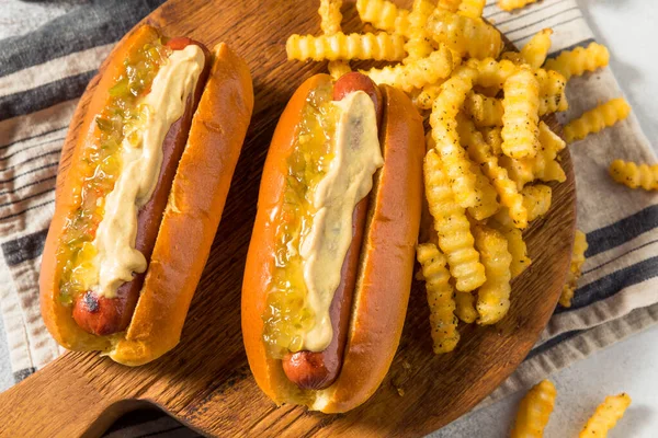 Homemade Gourmet Hot Dogs Mustard French Fries — Foto Stock