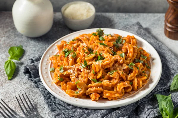 Homemade Italian Cascatelli Pasta Tomato Sauce Basil — Stock Photo, Image
