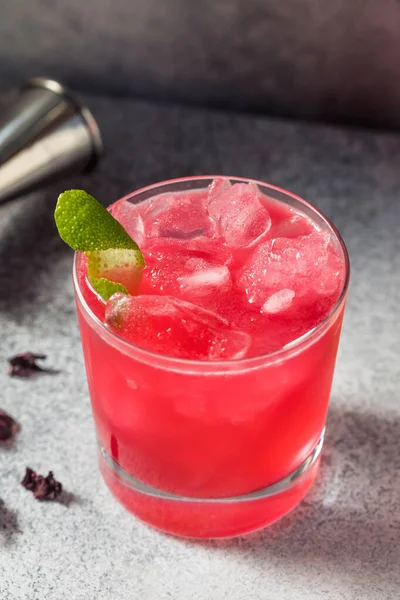 Boozy Cold Gin Hibiscus Sour Cocktail Glass Lime — Stockfoto