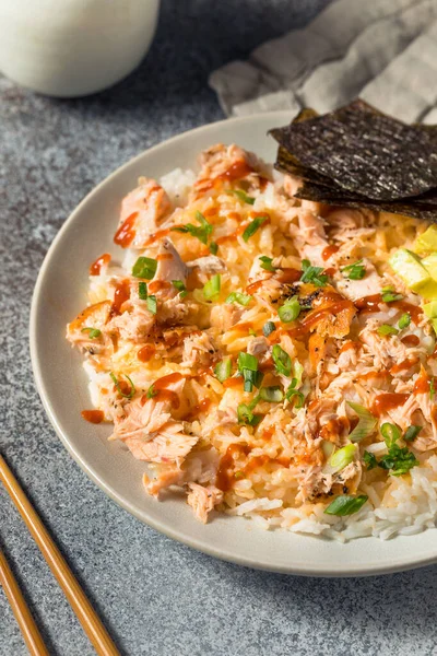 Healthy Trendy Homemade Salmon Rice Bowl Avocado Soy Sauce — Stockfoto