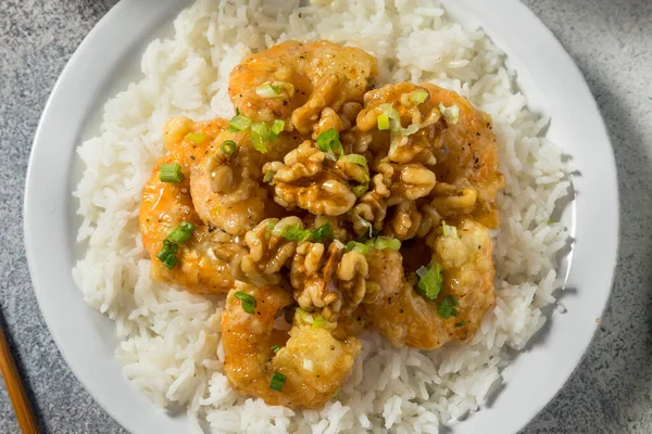 Camarones Caseros Nuez Miel Frita Con Arroz —  Fotos de Stock