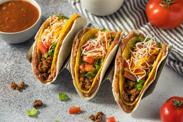 Tacos Caseros Carne Res Rellenos Dobles Con Cáscaras Duras Suaves —  Fotos de Stock