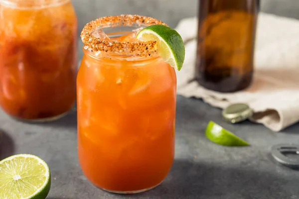 Cold Boozy Tomato Michelada Cocktail Beer Lime — 스톡 사진