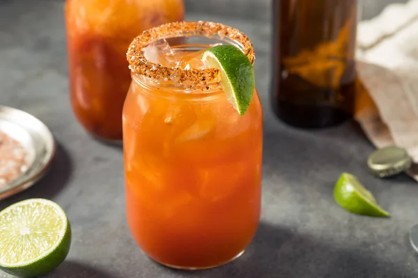 Cold Boozy Tomato Michelada Cocktail Beer Lime — 스톡 사진