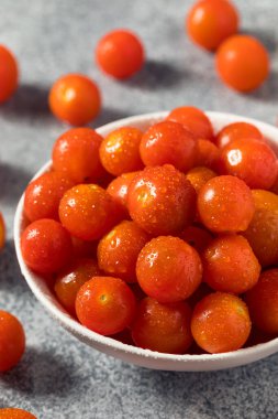 Kase içinde çiğ organik kırmızı kiraz domatesleri