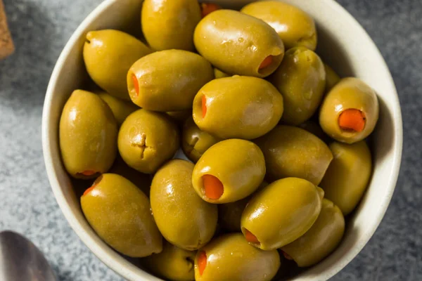 Raw Marinated Organic Green Olives with Pimento Peppers