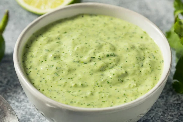 Homemade Peruvian Aji Verde Sauce Lime Cilantro Jalapeno — стокове фото