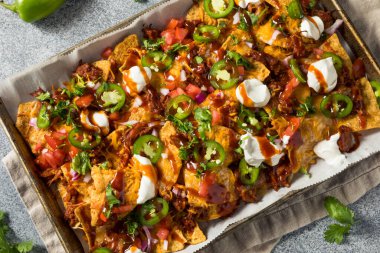 Mangal soslu ve peynirli ev yapımı Porrk Nachos.