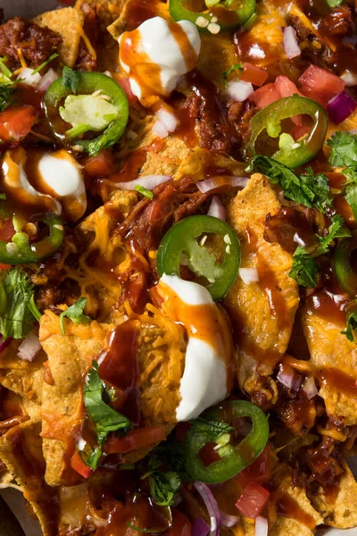 Homemade Pulled Porrk Nachos Bbq Sauce Cheese — Stock Photo, Image