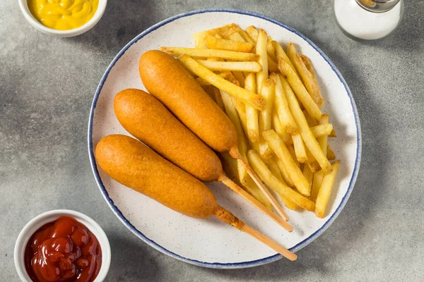 Homemade Breaded Beef Corndogs French Fries — Stock Photo, Image