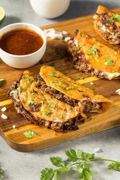 Homemade Steak Birria Meat Tacos Cheese Sauce — Stock Photo, Image