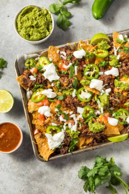 Ev yapımı Meksika usulü kıymalı Nachos ve Gaucamole ve Ekşi Krema