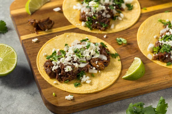Homemade Mexican Shredded Beef Tacos Onion Cheese — Stok fotoğraf