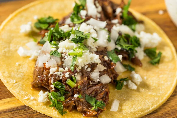 Homemade Mexican Shredded Beef Tacos Onion Cheese — стокове фото