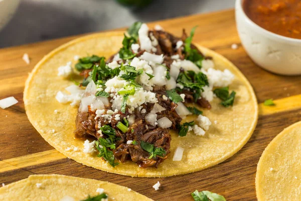 Homemade Mexican Shredded Beef Tacos Onion Cheese — Foto de Stock