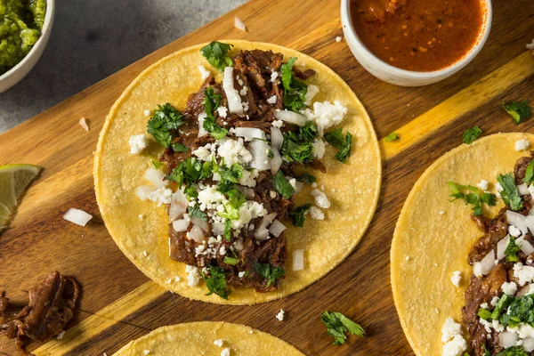 Homemade Mexican Shredded Beef Tacos Onion Cheese — Stock Photo, Image