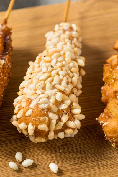Homemade Fried Korean Corn Dog Potatoes Rice Toppings — Stock Photo, Image