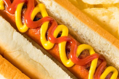 Homemade Hot Dog with Ketchup and Mustard with Potato Chips