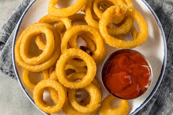 Homemade Battered Onion Rings Ketchup Sauce — Zdjęcie stockowe