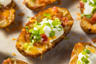 Homemade Loaded Crispy Potato Skins with Sour Cream and Bacon